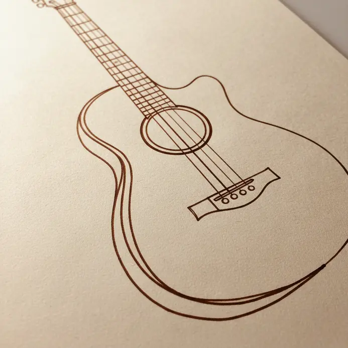 The iconic hourglass shape of an acoustic guitar body outlined with a few flowing curves.