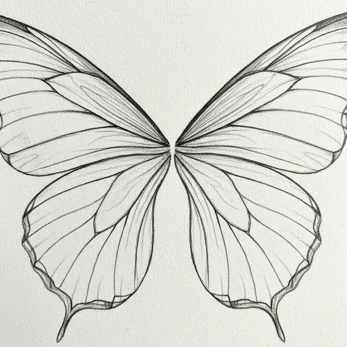 The intricate, symmetrical wing pattern of a butterfly drawn with fine, delicate lines.