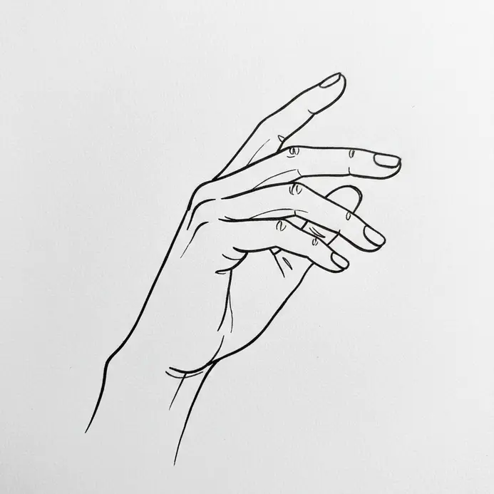 Two hands drawn with contour lines, focusing on the graceful curves of fingers and palms.