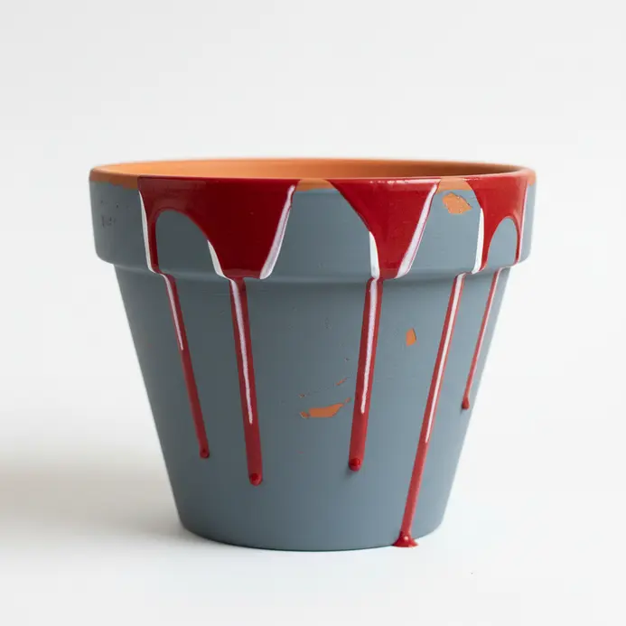 A simple terracotta pot features intentional drips of paint running down its side.