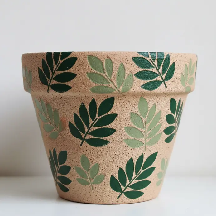 A whimsical pattern of painted botanical leaves covers a terracotta pot.
