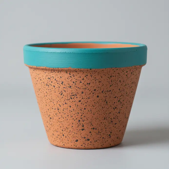 A naturally speckled terracotta pot has its rim painted in a contrasting color.
