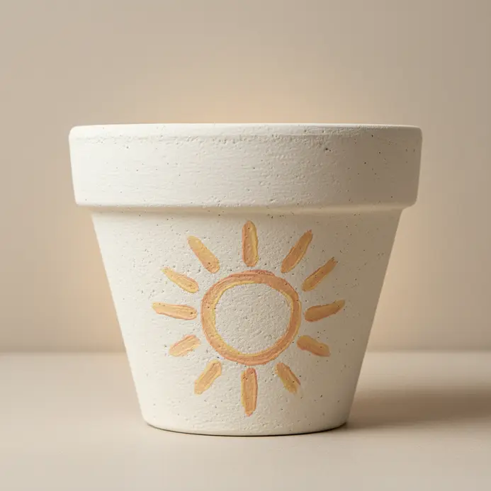 A terracotta pot with a chalky peach base coat features a painted sun motif.