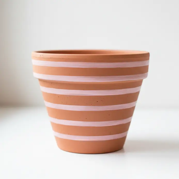 Subtle, thin stripes in blush pink are neatly painted around a terracotta pot.