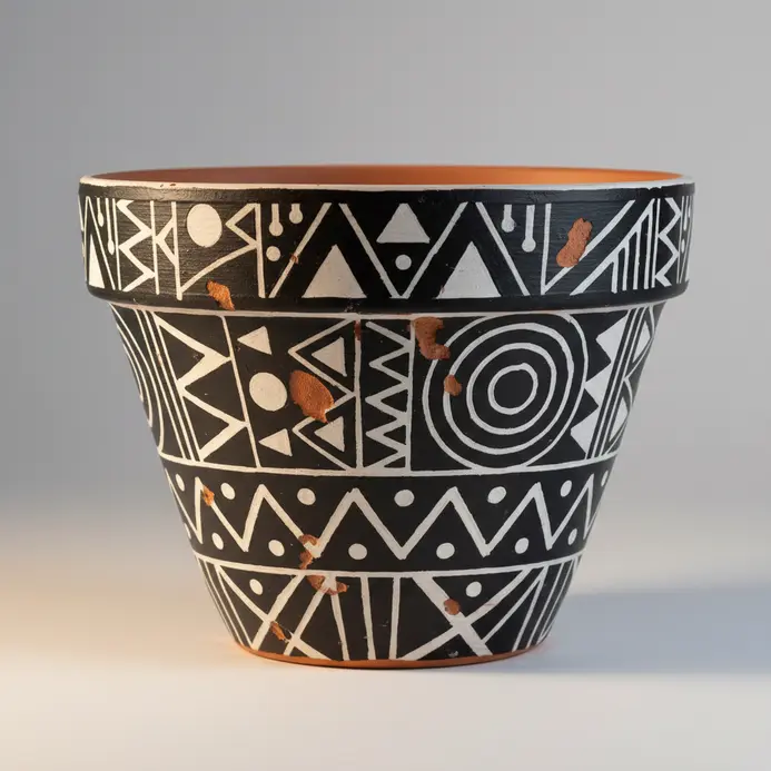 A high-contrast tribal pattern in black and white paint decorates a clay pot.