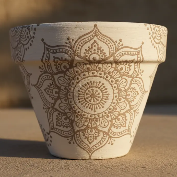 A terracotta pot painted with a detailed white mandala pattern against the natural clay.