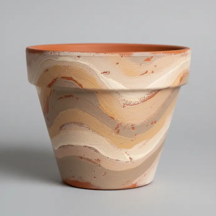 An abstract design of blended beige, cream, and taupe swirls painted on a terracotta pot.