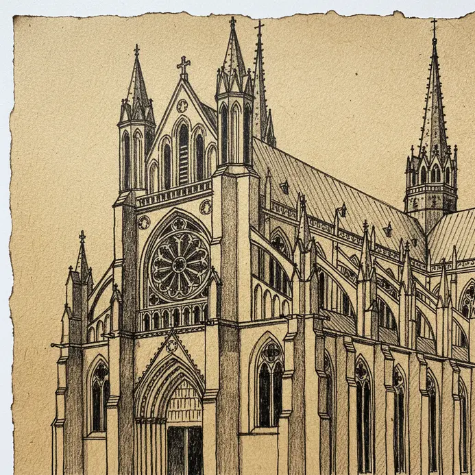 A black ink sketch of a gothic cathedral with detailed flying buttresses and pointed arches.