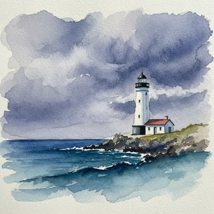 A loose, atmospheric watercolor painting of a white lighthouse against a stormy sky.