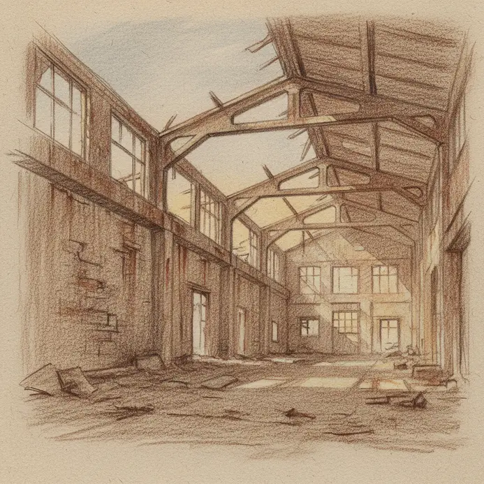 A soft graphite pencil sketch of an abandoned warehouse with broken windows.