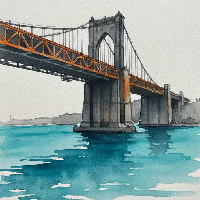 A vibrant ink wash drawing of a steel bridge with dramatic light and shadow.