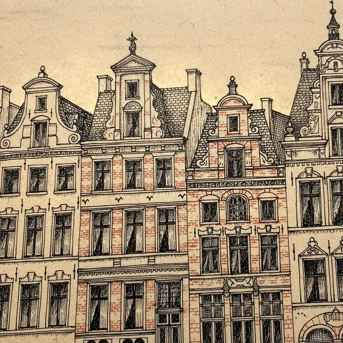 An intricate fineliner pen drawing of a connected row of historic townhouses.