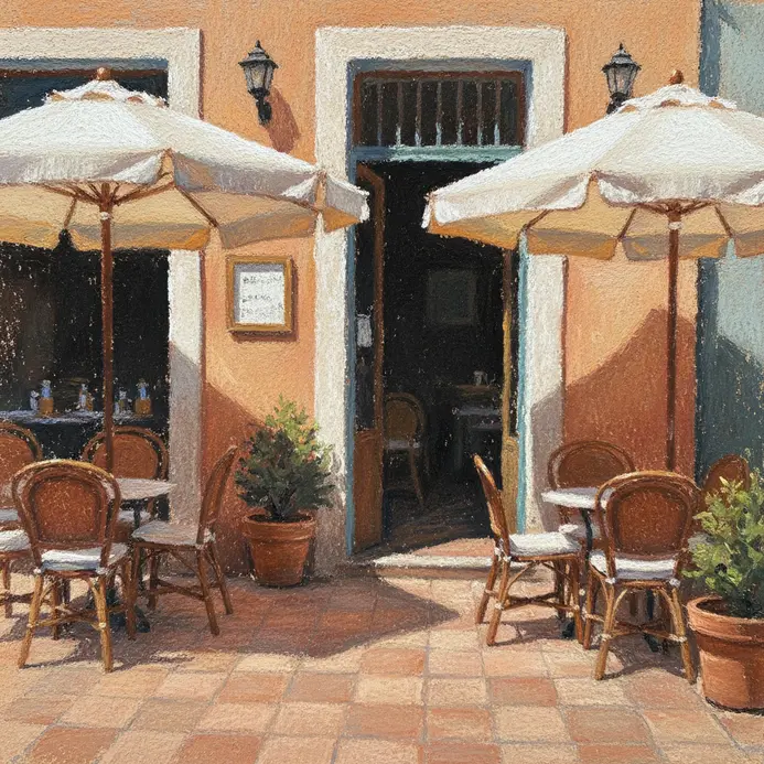 A soft pastel painting of a sun-drenched outdoor cafe terrace with umbrellas.