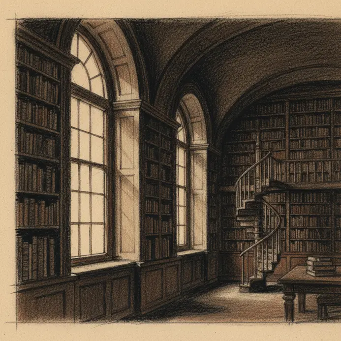 A moody charcoal sketch of a historical library interior with tall bookshelves.