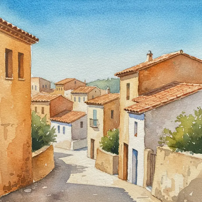 A warm watercolor painting of a winding street lined with whitewashed Mediterranean villas.