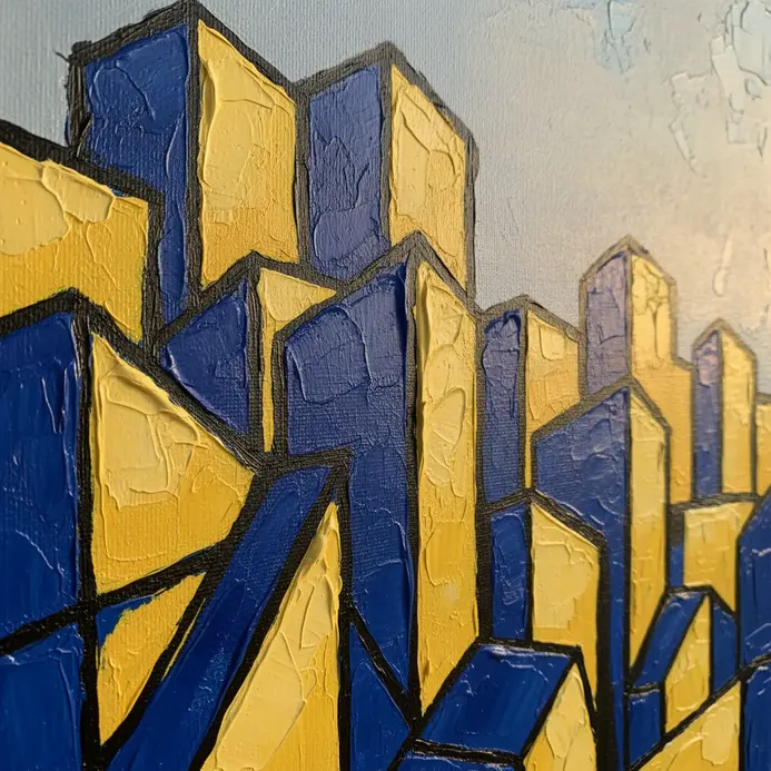 A bright, geometric acrylic painting deconstructing a building into cubist forms.
