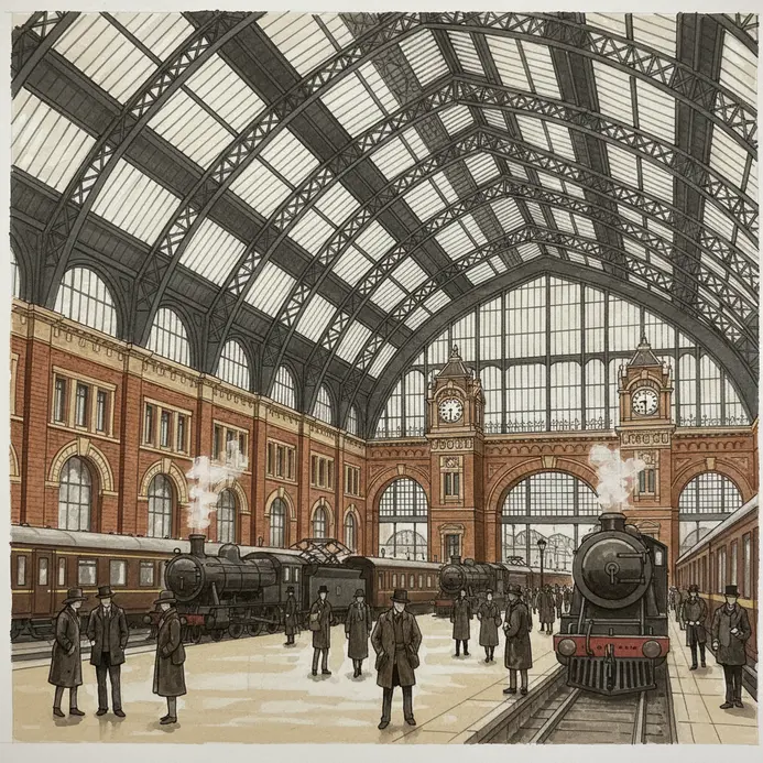 A detailed Copic marker drawing of a historic train station's vaulted ceiling and platforms.