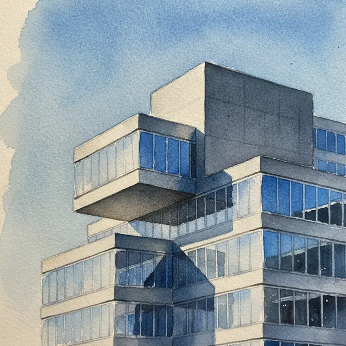 A watercolor painting of a modernist glass building reflecting a blue sky.
