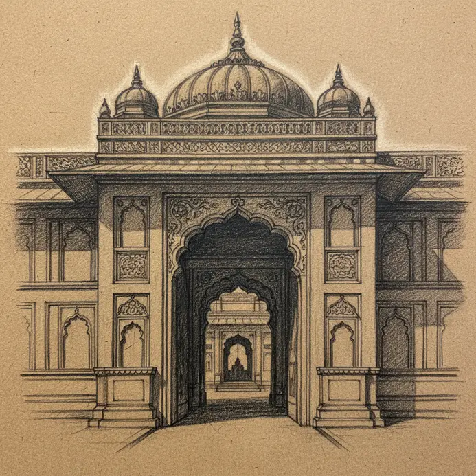 A highly detailed graphite pencil drawing of an ornate, sculptural palace entrance.