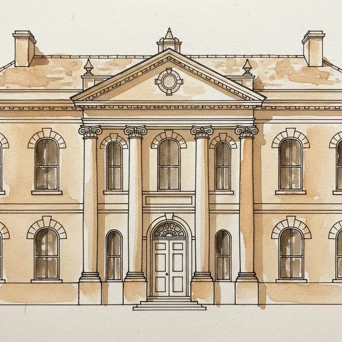 A pen and ink drawing with a light watercolor wash of a symmetrical colonial building.