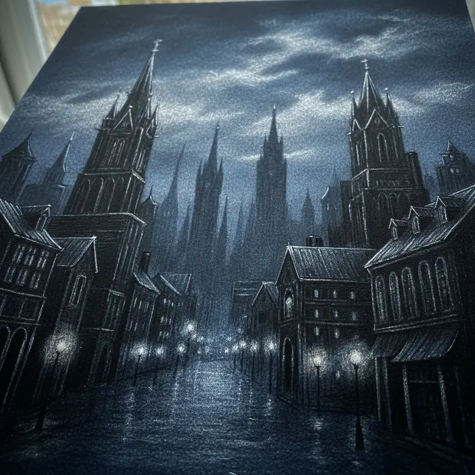 A moody, high-contrast graphite drawing of a dark city skyline with lit windows.