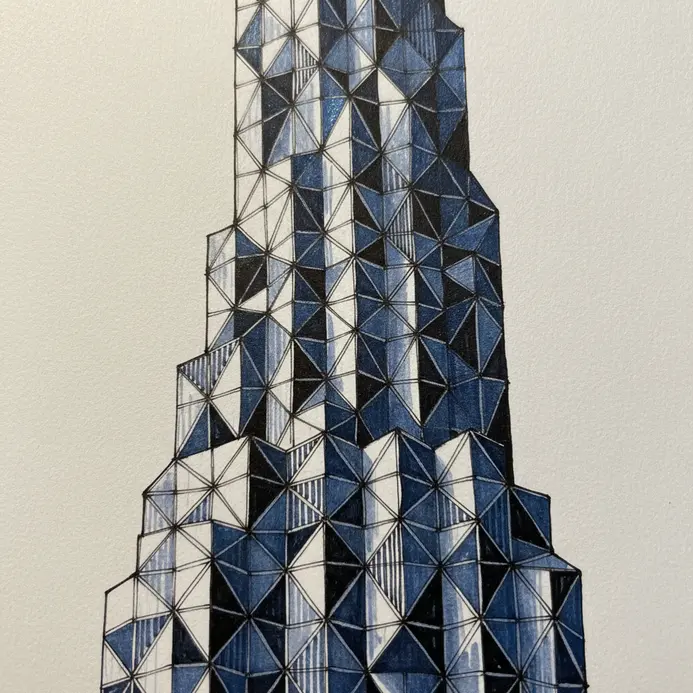 A stylized ink drawing zooming in on the repetitive pattern of a skyscraper's curtain wall.