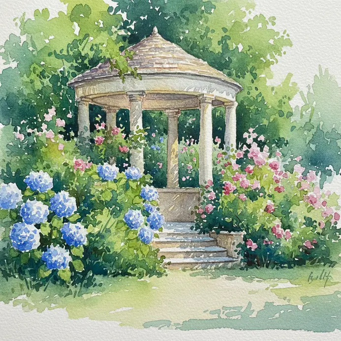 A lush watercolor painting of a decorative garden pavilion surrounded by greenery.