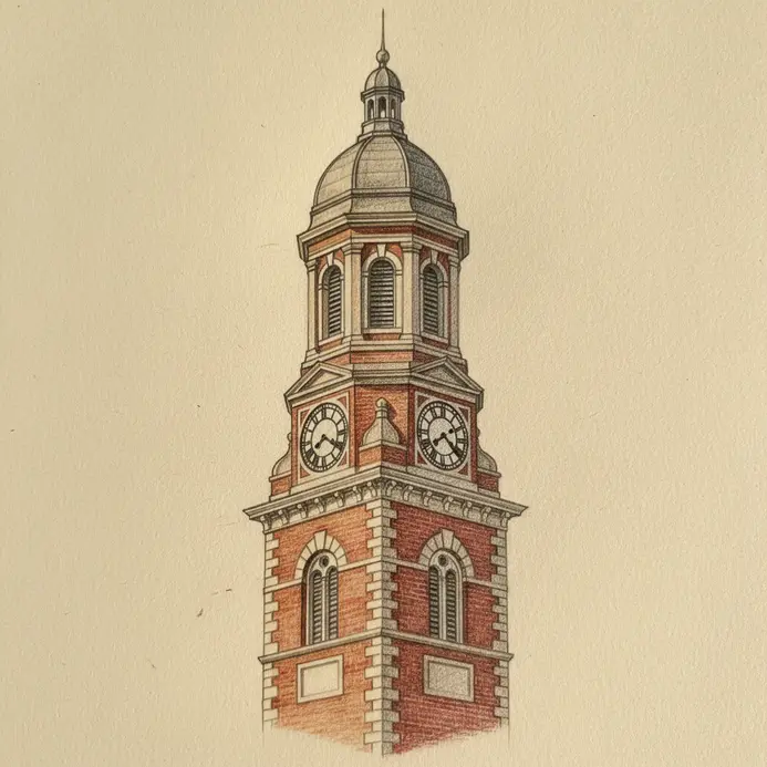 A precise pencil drawing study of a brick clock tower focusing on texture and proportion.