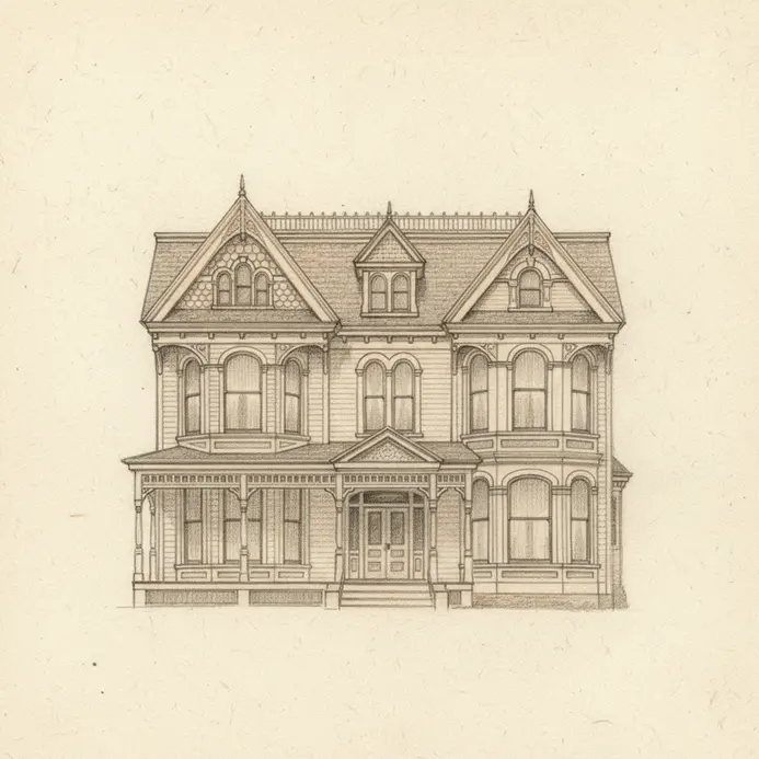 A detailed graphite pencil elevation drawing of a Victorian house with ornate trim.