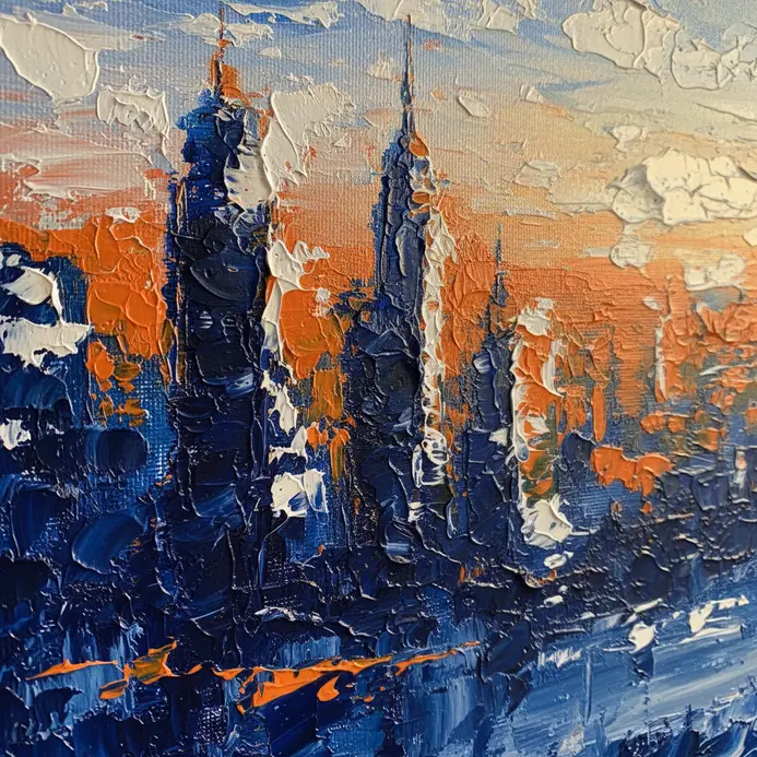 A textured abstract cityscape created with thick palette knife strokes in acrylic paint.