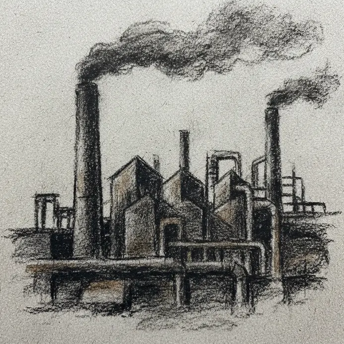 A moody charcoal sketch of an industrial factory with smokestacks and heavy shadows.