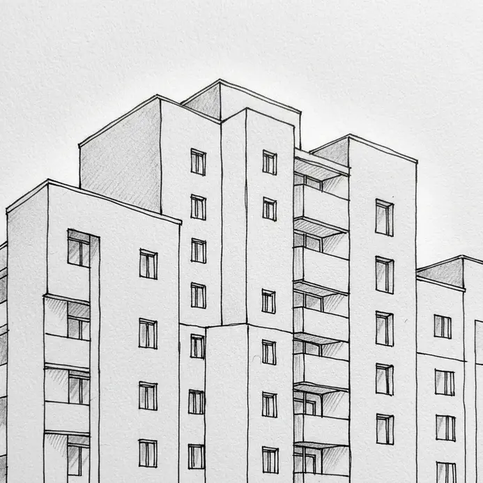A clean, minimalist pen drawing of a geometric apartment building facade.