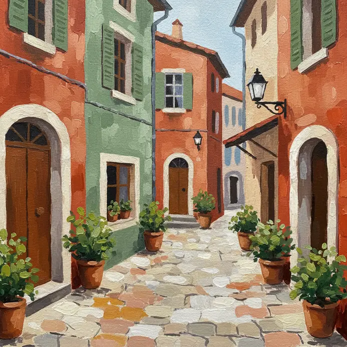 A bright gouache painting of a cobblestone street corner with shutters and flower boxes.