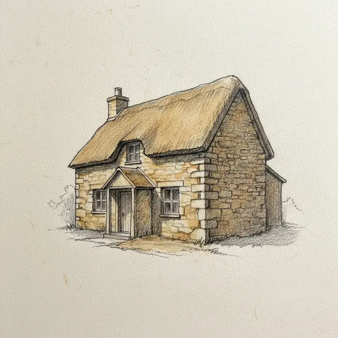A one-point perspective drawing of a cozy stone cottage living room with a fireplace.