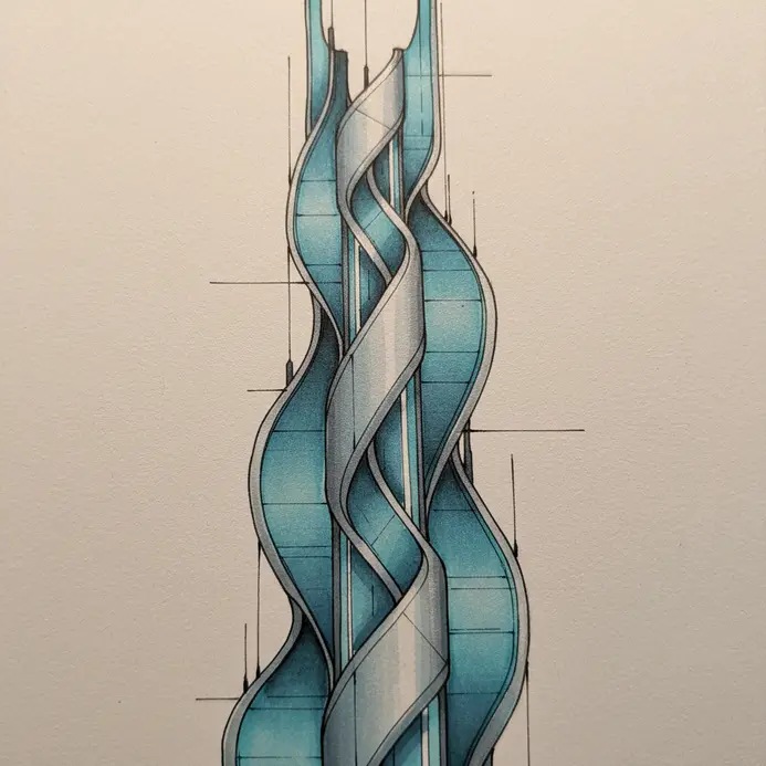 A precise technical marker drawing of a sleek, futuristic skyscraper concept.