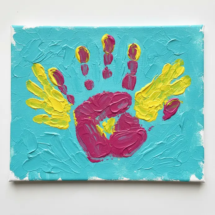A canvas showing a child's handprint transformed into a bright bird with tempera paint.
