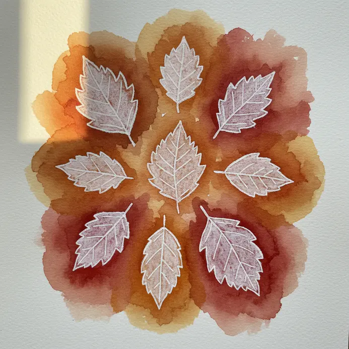 A watercolor painting where white crayon resist lines form autumn leaves on paper.