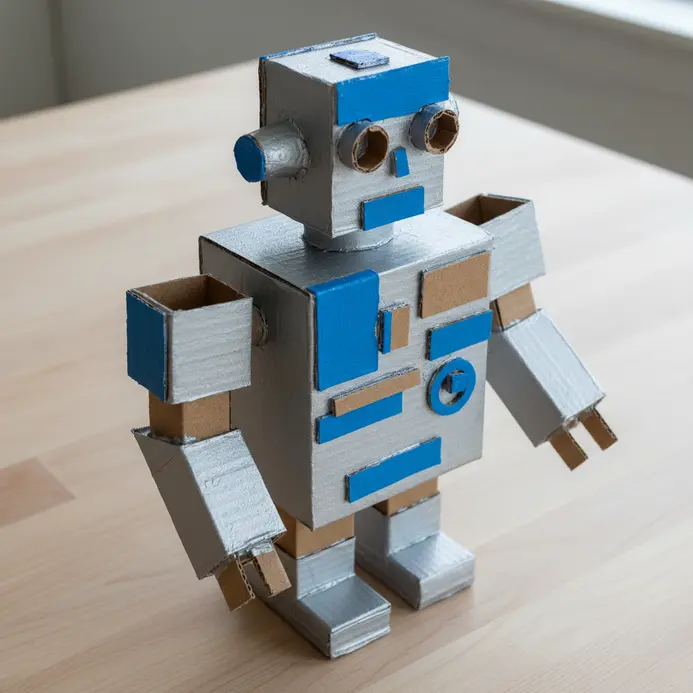 A three-dimensional robot sculpture assembled from painted cardboard shapes and found objects.