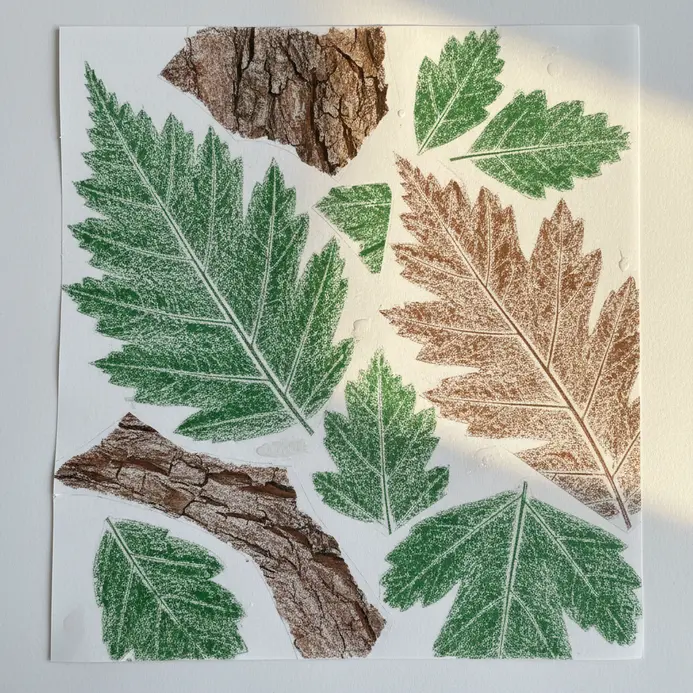 A collage of textured paper created by making crayon rubbings of natural objects like leaves.