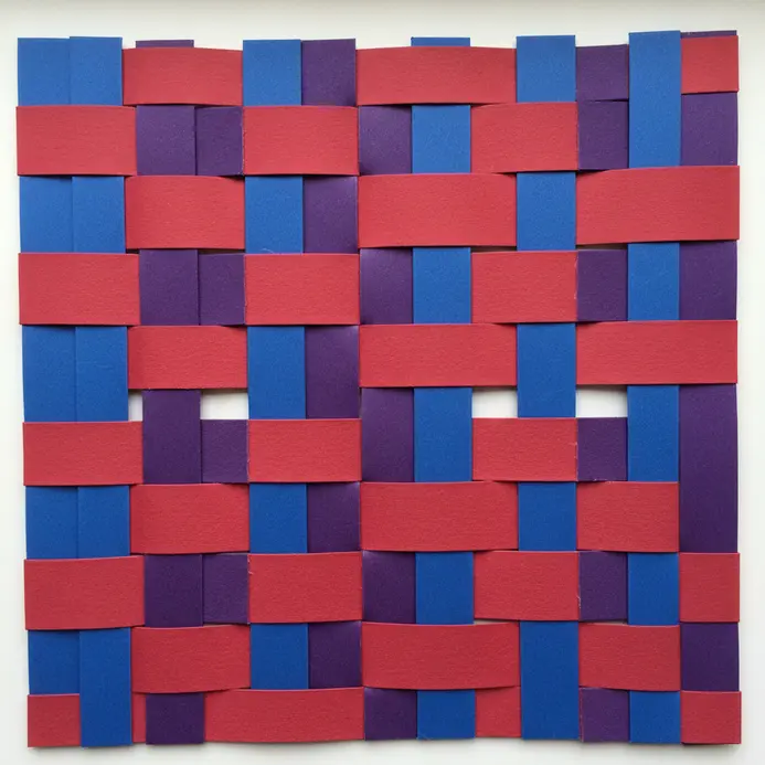 A simple woven mat made from strips of colored paper in a rainbow sequence.