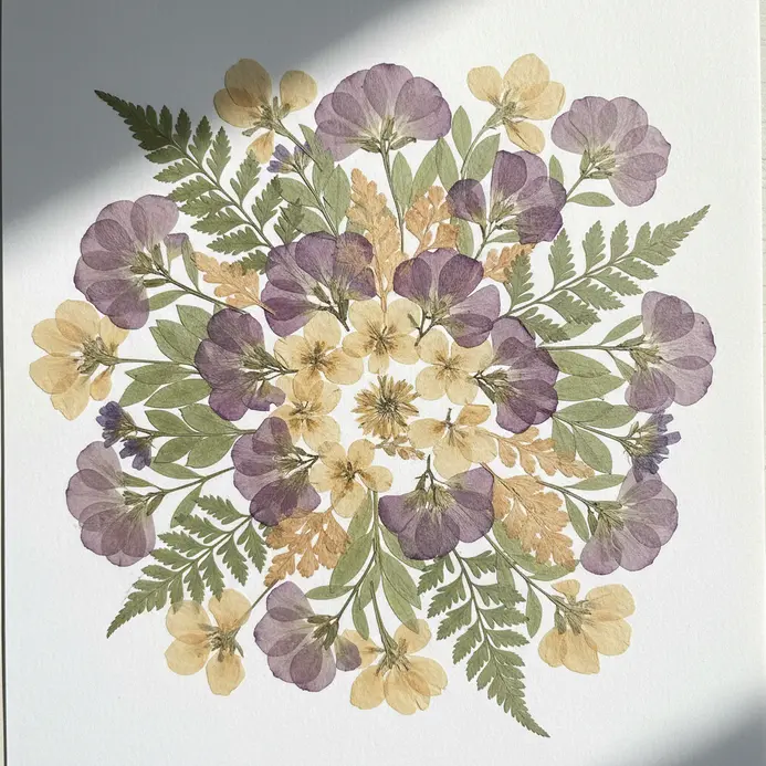 A simple frame displays pressed flowers and small natural objects on a paper background.