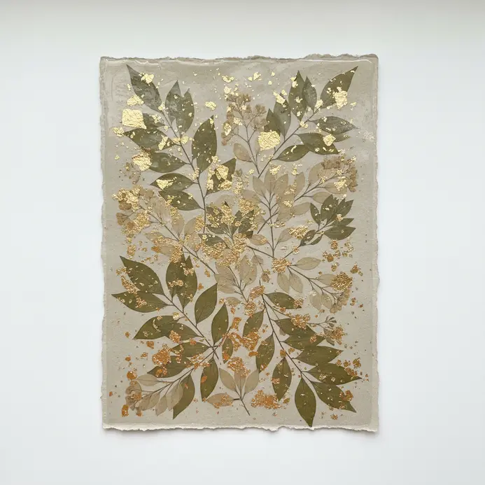 A pressed botanical leaf displayed in a simple frame with gold leaf detail around the edges.