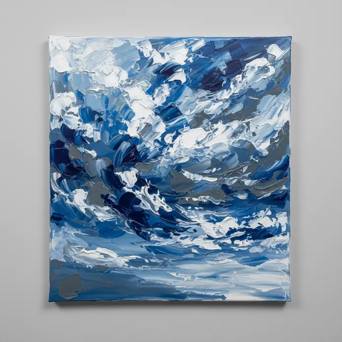 A small canvas showing a textured sky painted with thick impasto strokes using a palette knife.