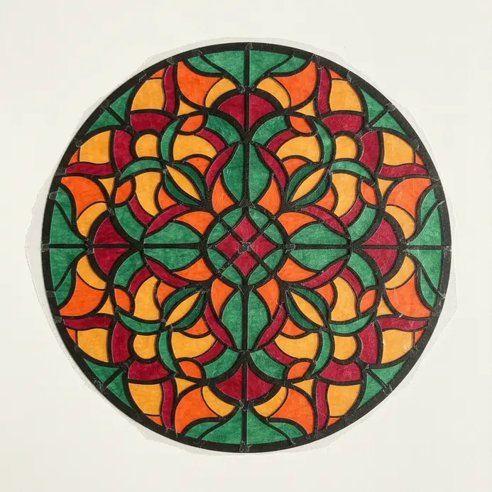 A vibrant, translucent artwork resembling stained glass, made from layered sheets of colored tissue paper.