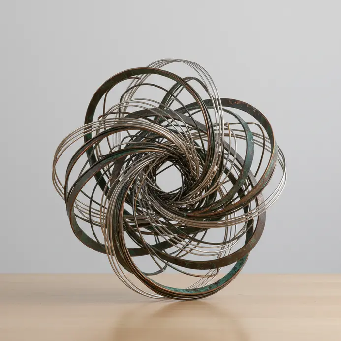 A small, kinetic abstract sculpture formed from a single continuous piece of thin wire.
