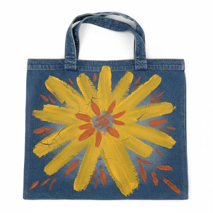 A simple denim tote bag featuring a hand-painted abstract design in acrylic paint.