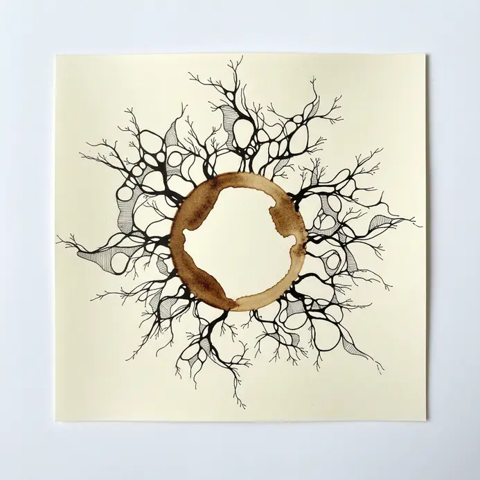 An intricate ink drawing that extends from and incorporates a central brown coffee stain shape.