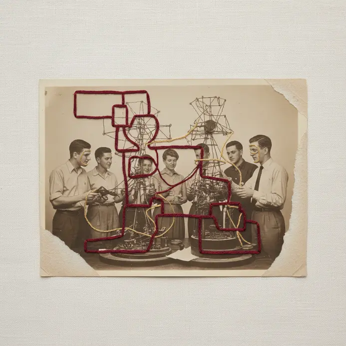 A black and white vintage photograph with decorative embroidery stitches adding color and texture to the image.