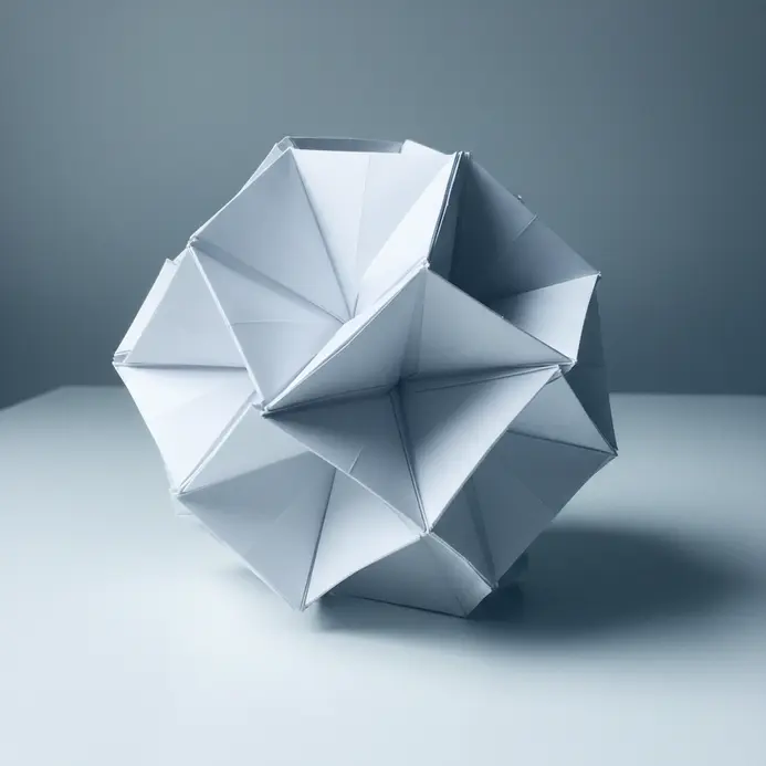 A three-dimensional geometric sculpture constructed entirely from precisely folded white paper.