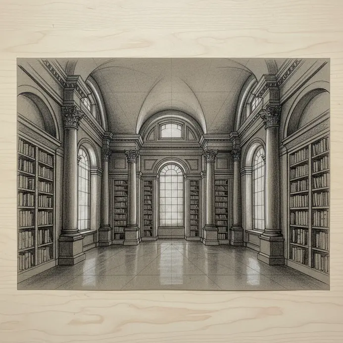 A charcoal sketch on toned paper depicting the corner of a room with strong perspective lines and shadows.